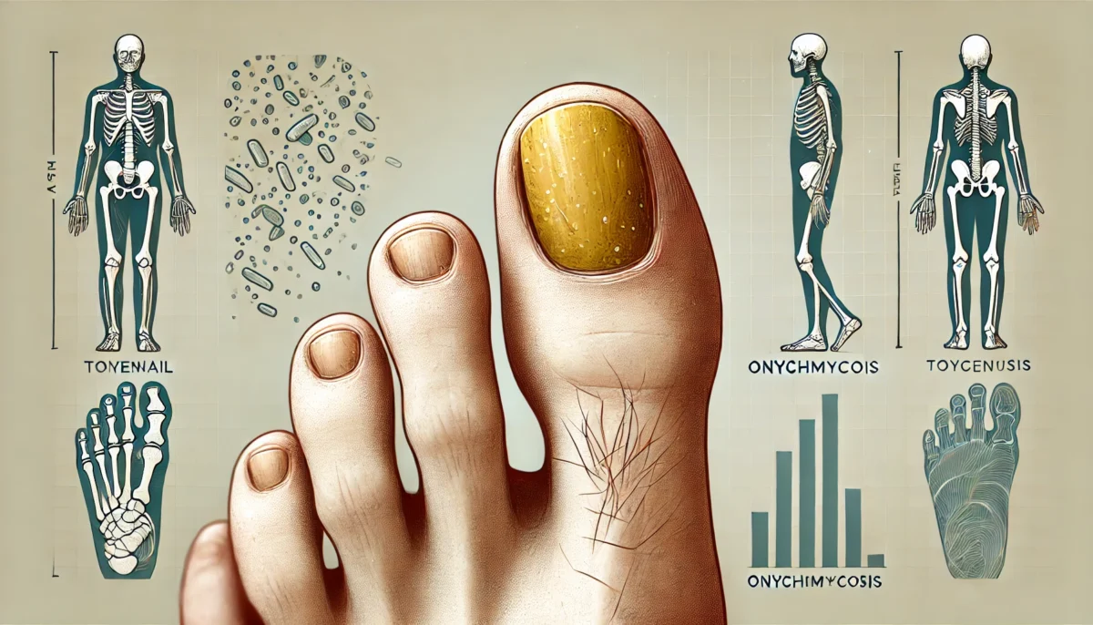 Dall·e 2025 03 04 17.28.34 a wide format digital illustration of a toenail infected with onychomycosis (toenail fungus). the image shows a close up of a foot with one toenail vi