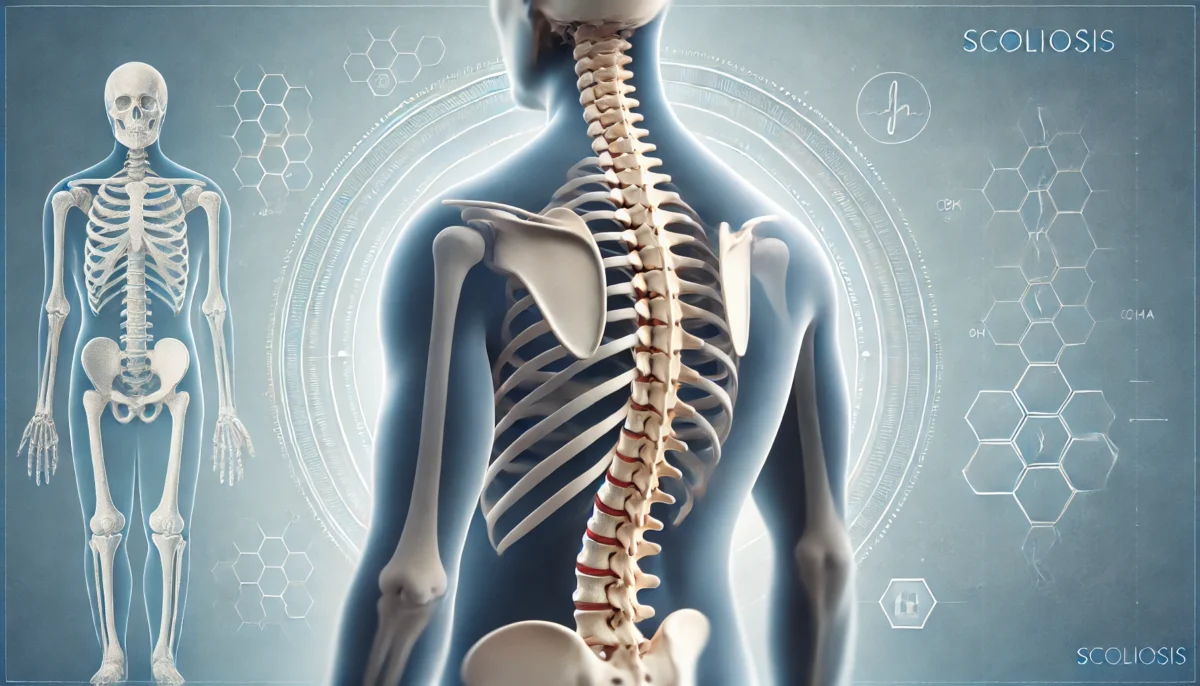 Dall·e 2025 03 04 17.12.37 a wide format digital illustration of a human spine with scoliosis, viewed from the back. the spine is curved in an exaggerated manner to emphasize th