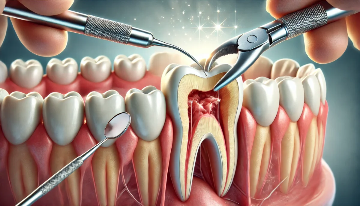 Dall·e 2025 03 04 17.27.30 a wide format digital illustration of a wisdom tooth extraction process. the image showcases a detailed cross section of the lower jaw, highlighting a