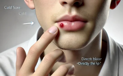 Dall·e 2025 03 08 18.06.46 a photorealistic wide format digital illustration of a person with a visible cold sore (lip blister) directly on the lip . the blister is clearly l