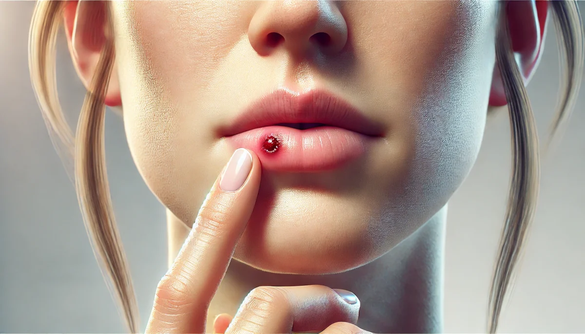 Dall·e 2025 03 08 18.07.54 a photorealistic wide format digital illustration of a person with a visible cold sore (lip blister) directly on the lip . the blister is clearly l