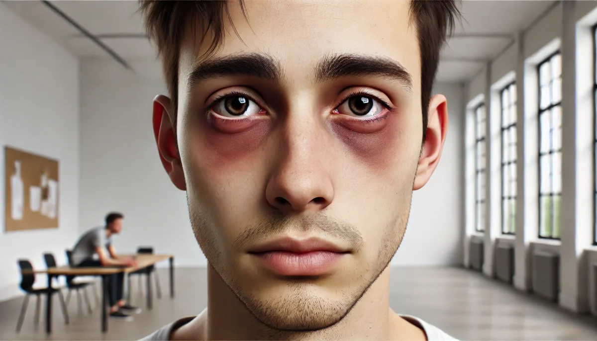 Dall·e 2025 03 10 00.07.51 a photorealistic wide format digital illustration of a person with visible dark circles under their eyes. the individual has a tired expression, with