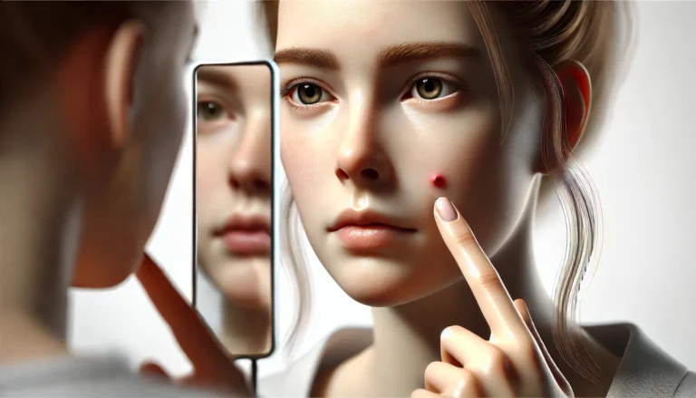 Dall·e 2025 03 18 19.18.58 a photorealistic wide format digital illustration of a person with a noticeable facial pimple. the individual is closely examining their skin in a mir